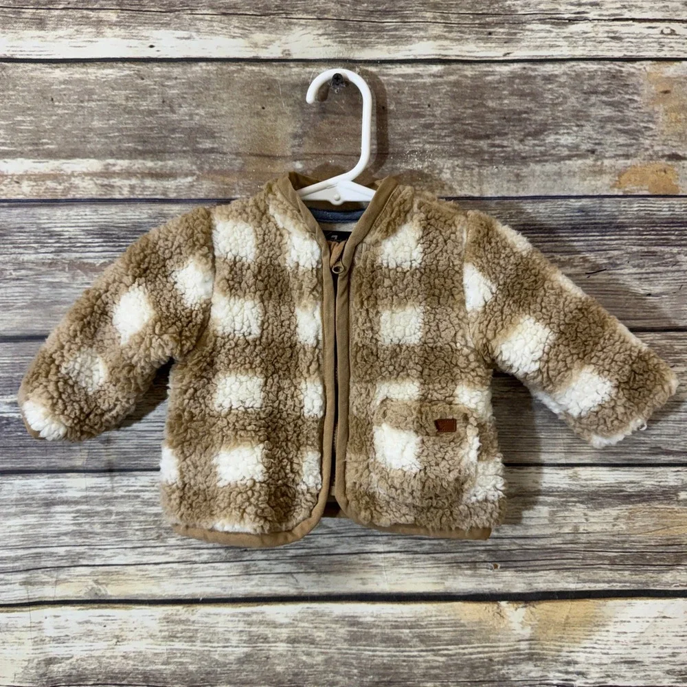 7 For All Mankind Baby Jacket 0-3‎ Months Sherpa Fleece Plaid Zip Jacket